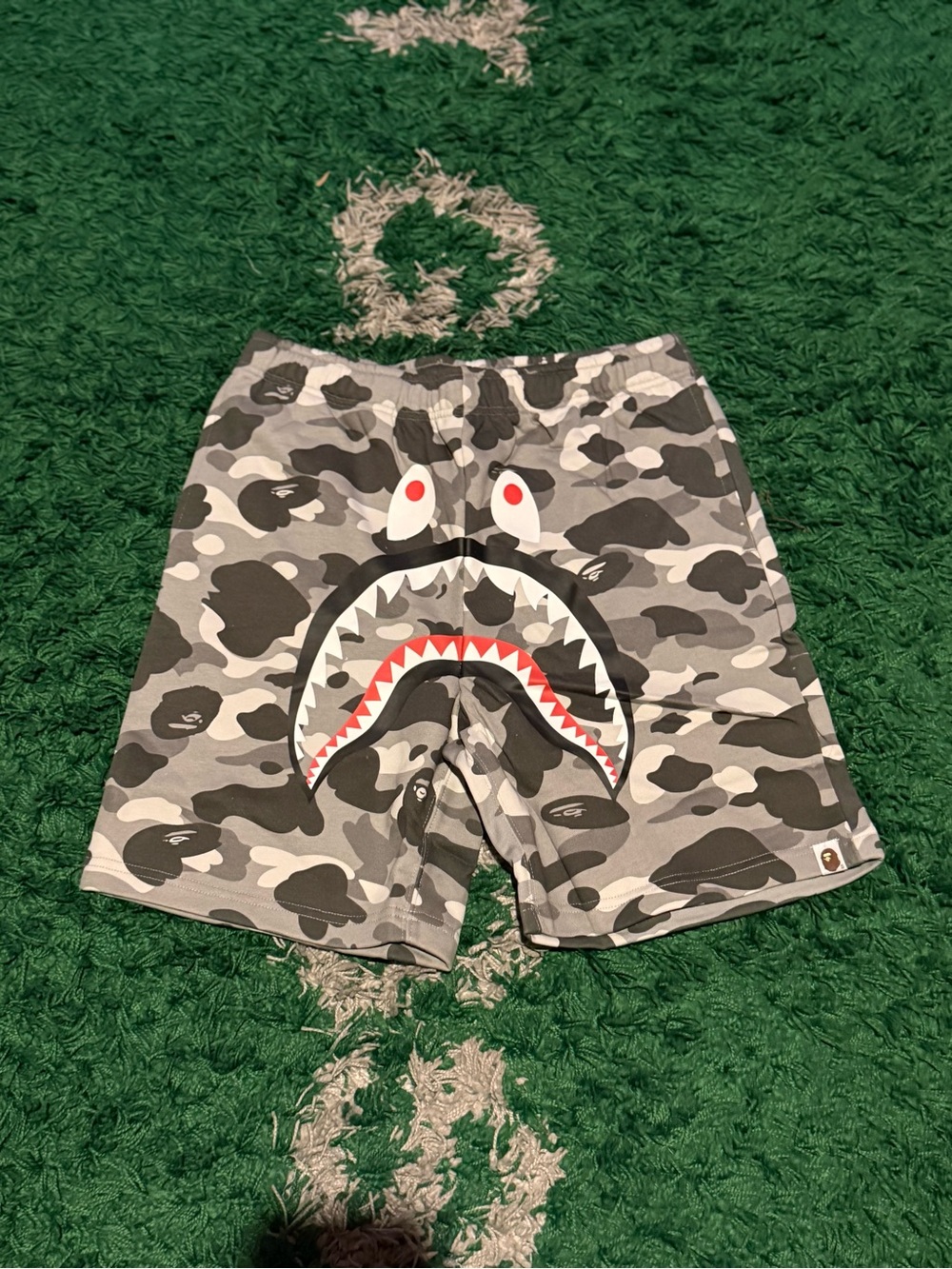 Bape Men’s Shark Camo Shorts - Gray, Black, White, Red Accents
